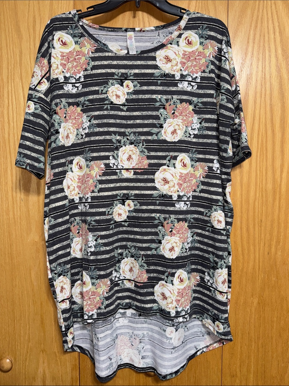 LuLaRoe Irma Striped Tunic with Blush Floral Accents